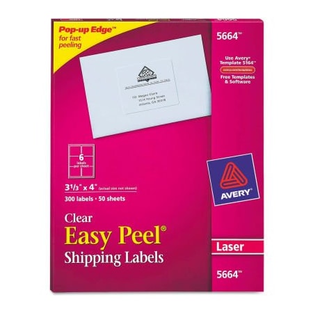 Avery Avery  Easy Peel Laser Mailing Labels, 3-1/3 x 4, Clear, 300/Box 5664